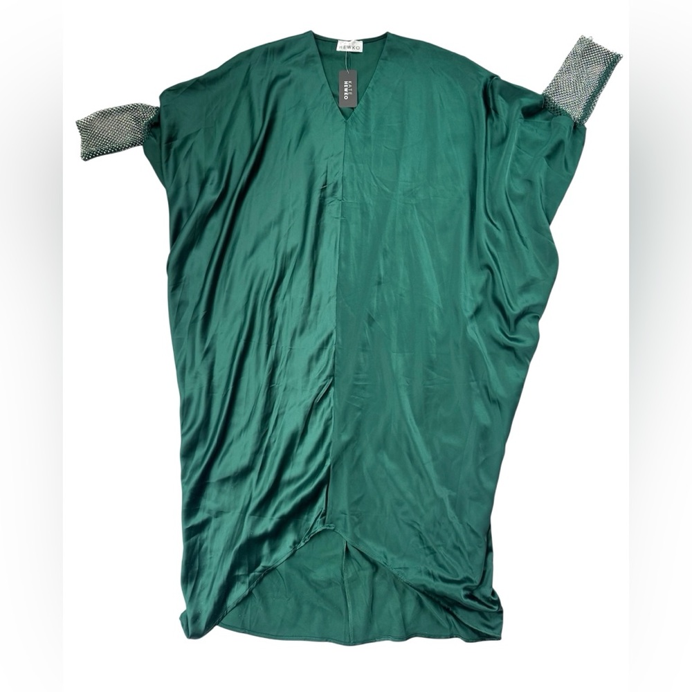 Kate Hewko Green Satin Rhinestone Sleeve Dress One Size Statement Kaftan NWT
